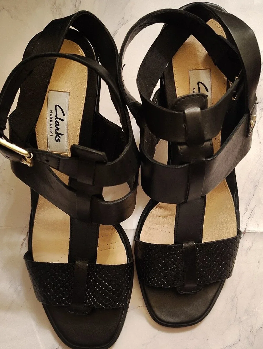 Clarks Black Leather Strappy Block Heel Sandals